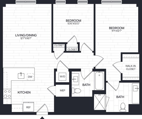 Floor plan for 2 beds, 2 baths, 1018 sqft