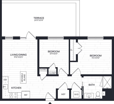 Floor plan for 2 beds, 1 bath, 792 sqft