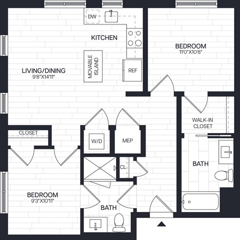 Floor plan for 2 beds, 2 baths, 844 sqft