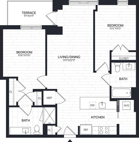 Floor plan for 2 beds, 2 baths, 1038 sqft