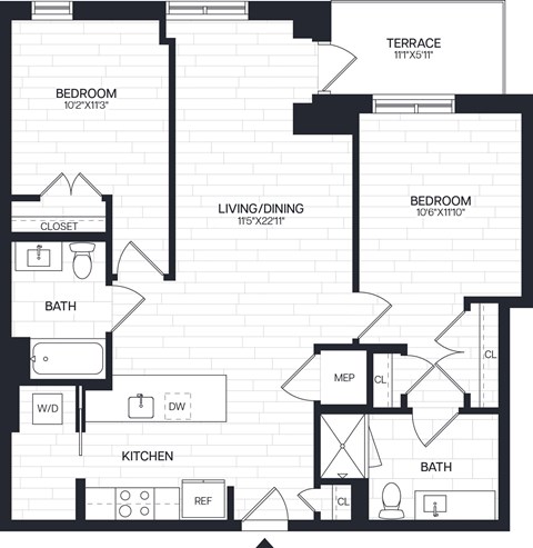 Floor plan for 2 beds, 2 baths, 1041 sqft