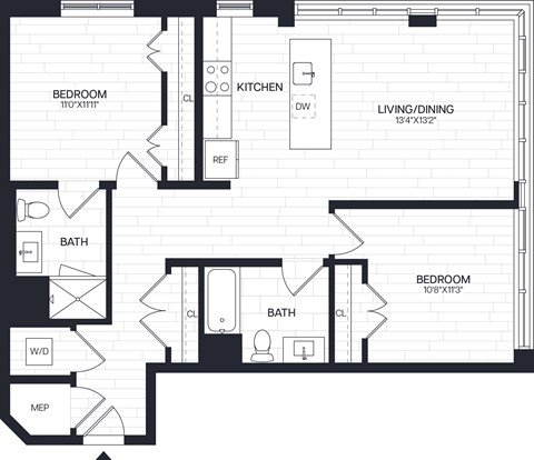 Floor plan for 2 beds, 2 baths, 1045 sqft