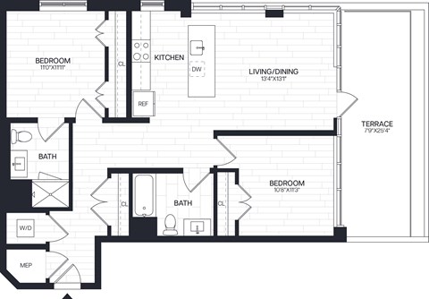 Floor plan for 2 beds, 2 baths, 1056 sqft