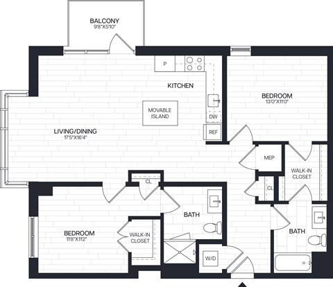Floor plan for 2 beds, 2 baths, 1159 sqft