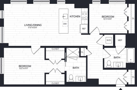 Floor plan for 2 beds, 2 baths, 1170 sqft