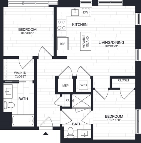 Floor plan for 2 beds, 2 baths, 858 sqft