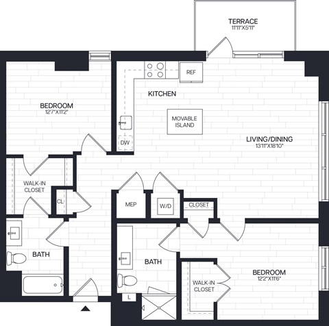 Floor plan for 2 beds, 2 baths, 1184 sqft