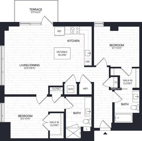 Floor plan for 2 beds, 2 baths, 1195 sqft