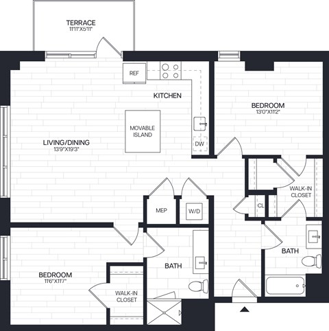 Floor plan for 2 beds, 2 baths, 1204 sqft