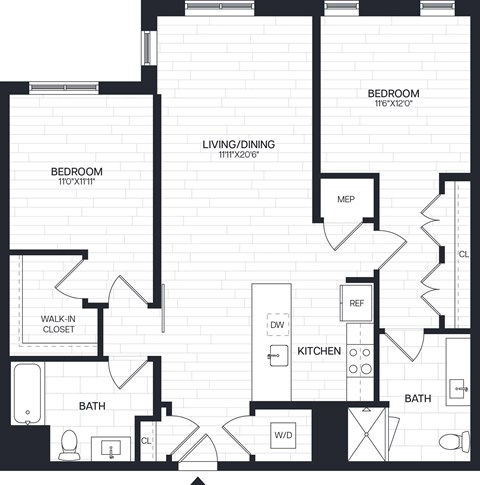 Floor plan for 2 beds, 2 baths, 1209 sqft