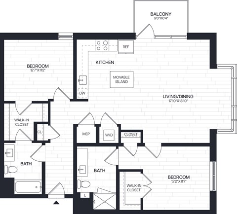 Floor plan for 2 beds, 2 baths, 1228 sqft