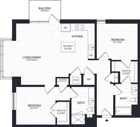 Floor plan for 2 beds, 2 baths, 1272 sqft
