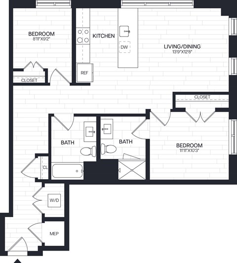 Floor plan for 2 beds, 2 baths, 932 sqft