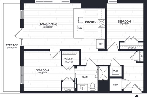 Floor plan for 2 beds, 2 baths, 985 sqft