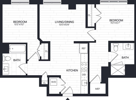 Floor plan for 2 beds, 2 baths, 948 sqft
