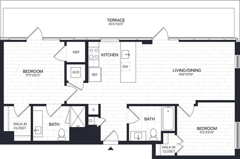 Floor plan for 2 beds, 2 baths, 1007 sqft