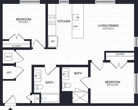 Floor plan for 2 beds, 2 baths, 958 sqft
