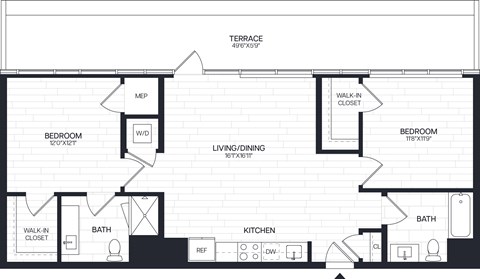 Floor plan for 2 beds, 2 baths, 1048 sqft