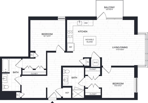 Floor plan for 2 beds, 2 baths, 1310 sqft