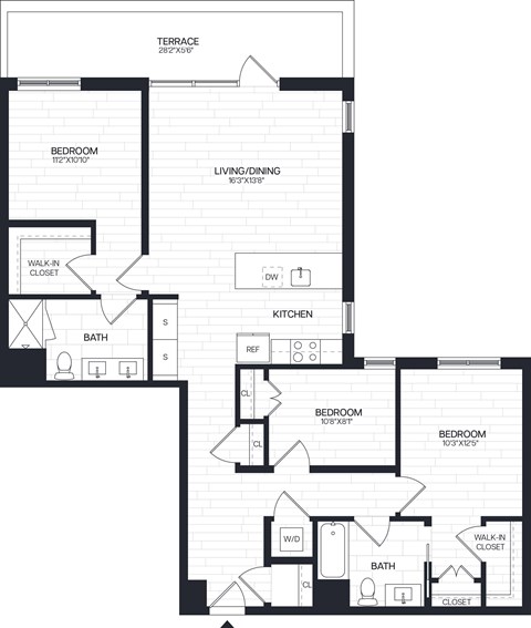 Floor plan for 3 beds, 2 baths, 1325 sqft