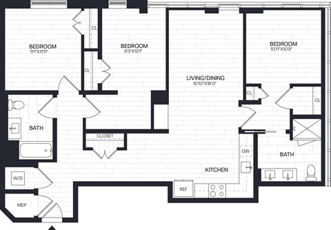 Floor plan for 3 beds, 2 baths, 1314 sqft