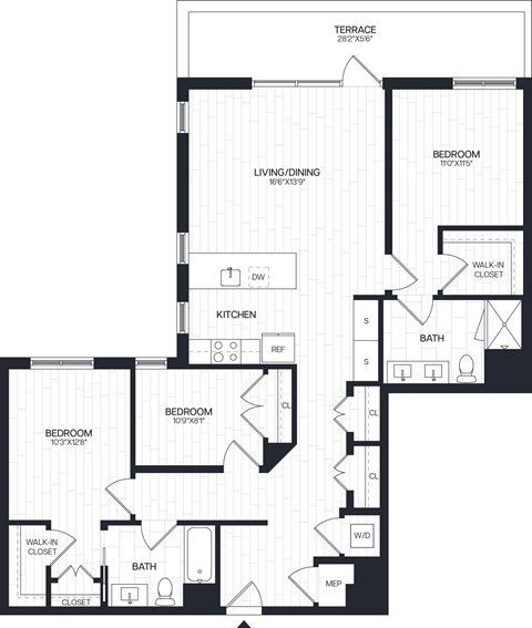 Floor plan for 3 beds, 2 baths, 1378 sqft