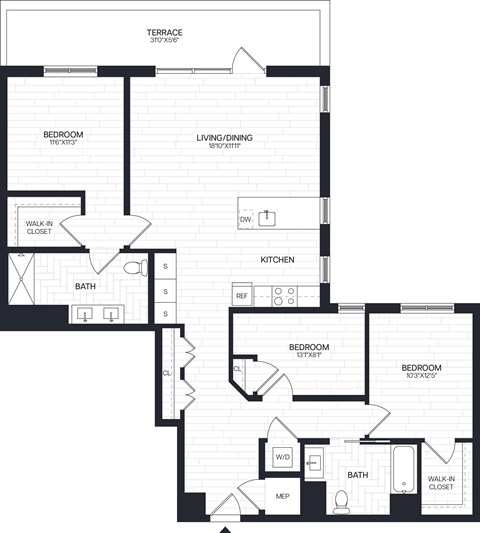 Floor plan for 3 beds, 2 baths, 1403 sqft