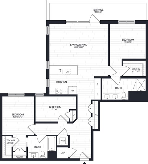 Floor plan for 3 beds, 2 baths, 1404 sqft