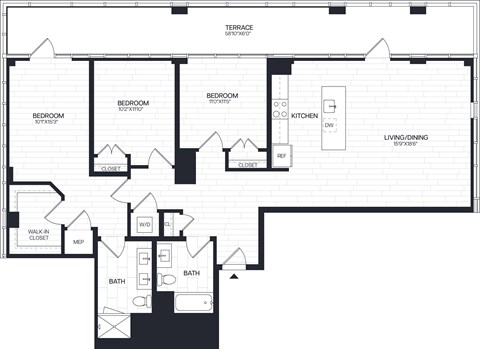 Floor plan for 3 beds, 2 baths, 1522 sqft