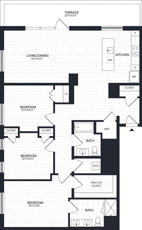 Floor plan for 3 beds, 2 baths, 1561 sqft
