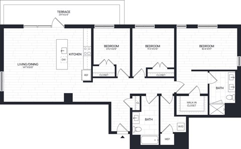Floor plan for 3 beds, 2 baths, 1565 sqft