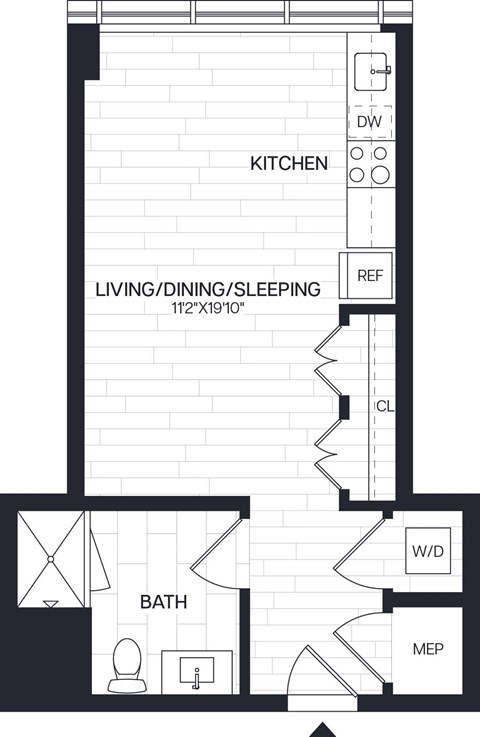 Floor plan for studio, 1 bath, 467 sqft