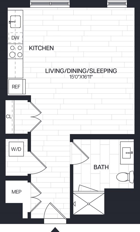 Floor plan for studio, 509 sqft