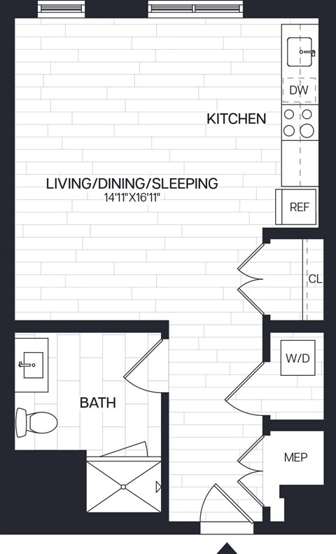 Floor plan for studio, 1 bath, 511 sqft