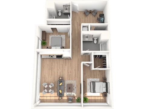 Floor plan for 2 beds, 2 baths, 1377 sqft