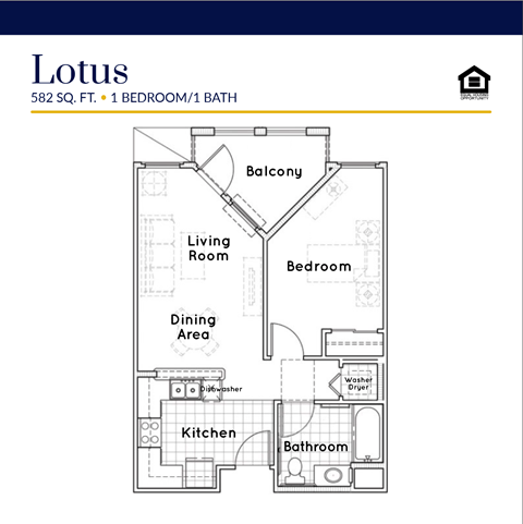 Floor plan for 1 bed, 1 bath, 582 sqft