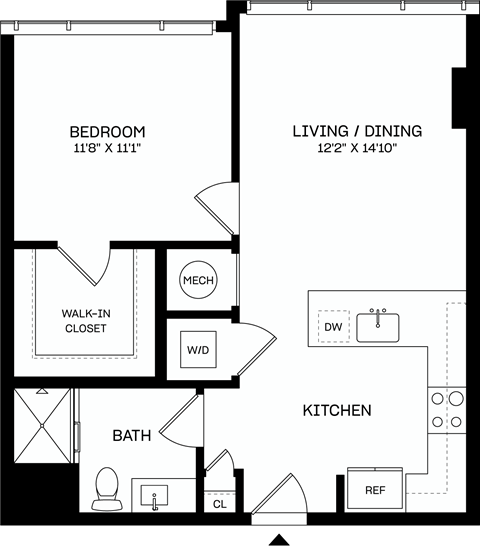 Floor plan for 1 bed, 1 bath, 665 sqft