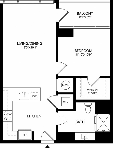 Floor plan for 1 bed, 1 bath, 721 sqft