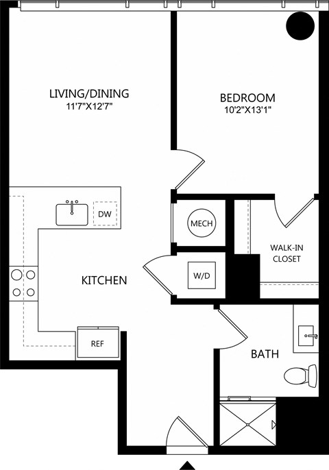 Floor plan for 1 bed, 1 bath, 671 sqft