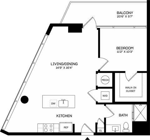 Floor plan for 1 bed, 1 bath, 740 sqft