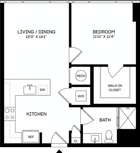 Floor plan for 1 bed, 1 bath, 663 sqft