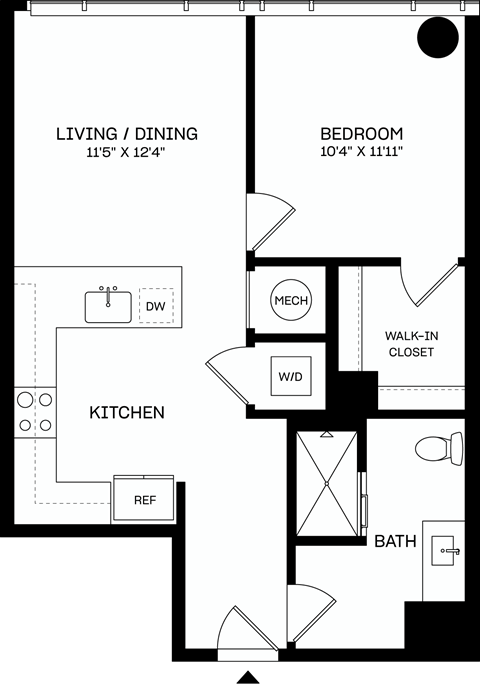 Floor plan for 1 bed, 1 bath, 680 sqft