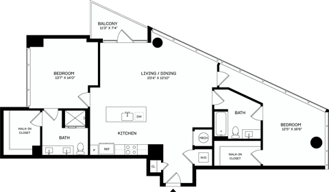 Floor plan for 2 beds, 2 baths, 1360 sqft