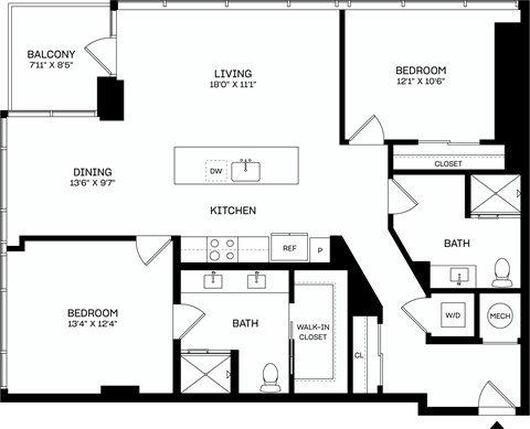 Floor plan for 2 beds, 2 baths, 1268 sqft