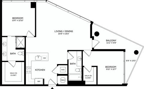 Floor plan for 2 beds, 2 baths, 1195 sqft