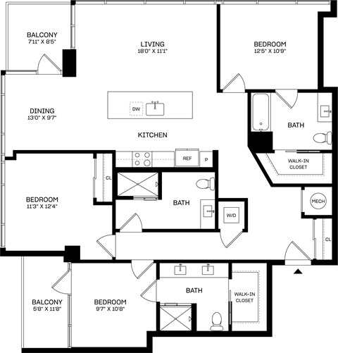 Floor plan for 3 beds, 3 baths, 1544 sqft