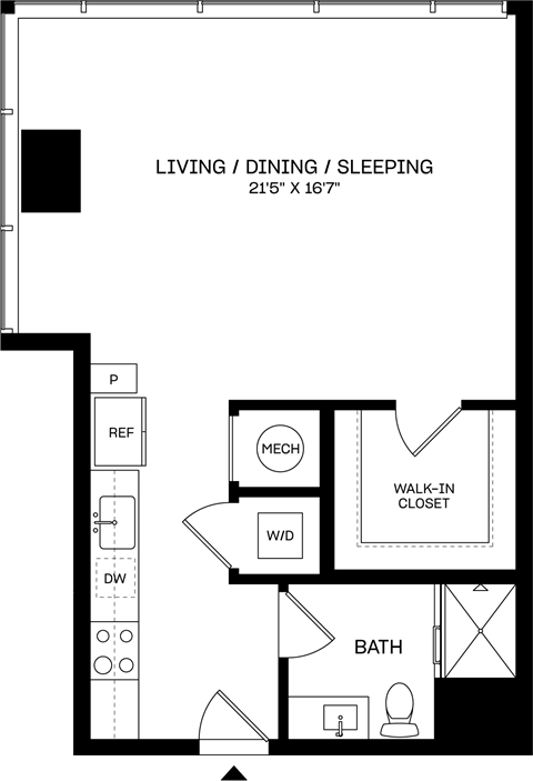 Floor plan for studio, 1 bath, 638 sqft