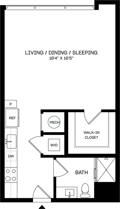 Floor plan for studio, 1 bath, 610 sqft