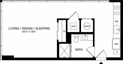 Floor plan for studio, 1 bath, 583 sqft