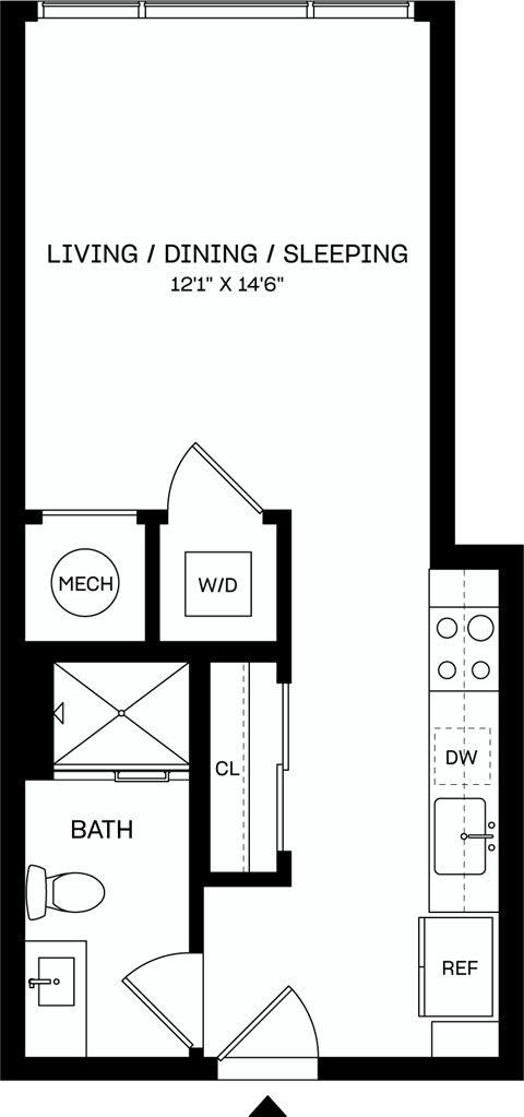 Floor plan for studio, 1 bath, 434 sqft